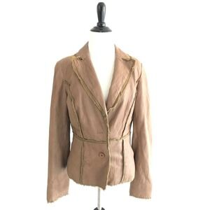 Cache | Brown Lamb Leather Jacket Womens Size 8 Frayed Trim Two Button Blazer